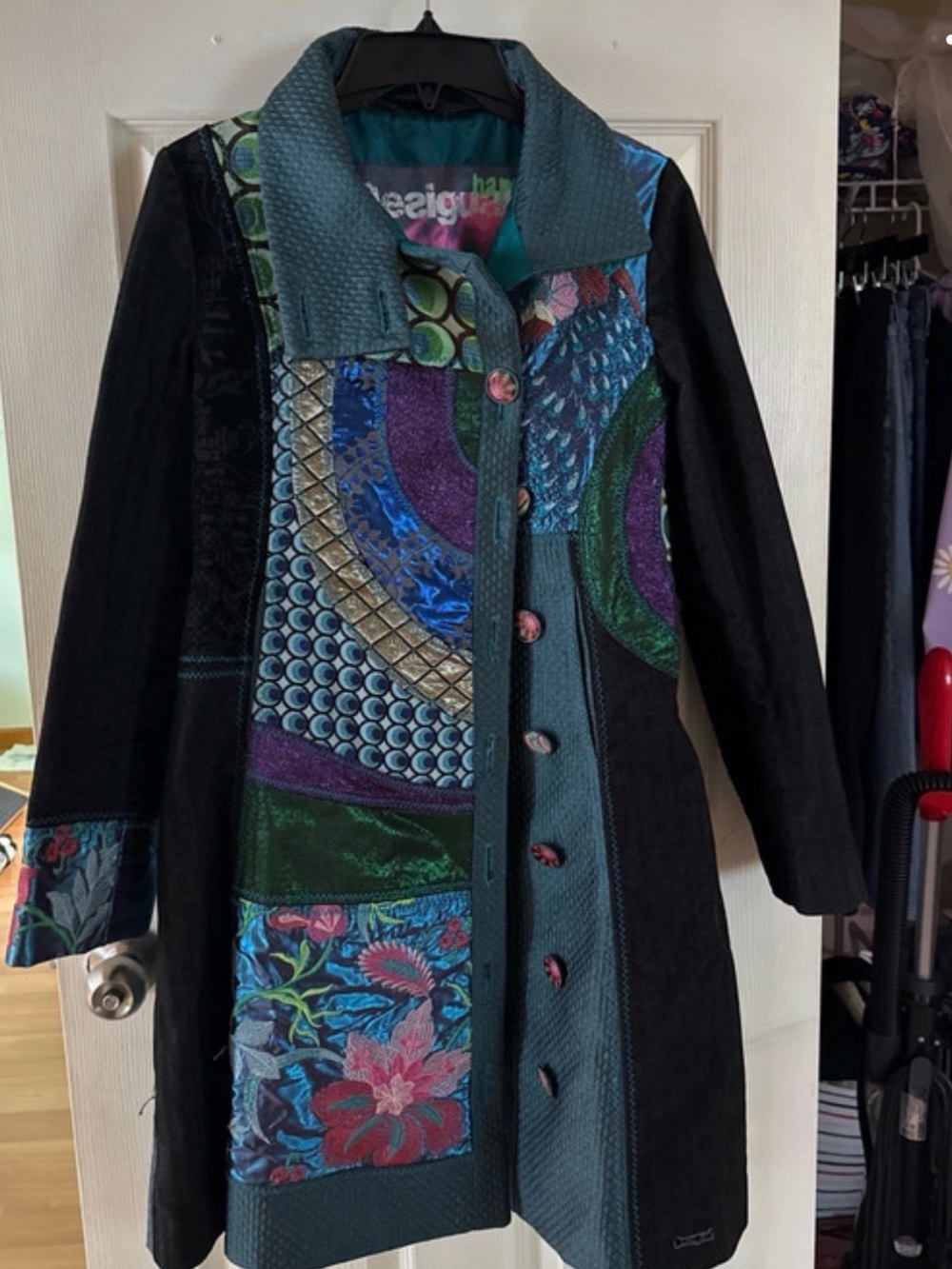 Desigual Black Trench Coat with Teal, Blue, Purple & Green Patchwork